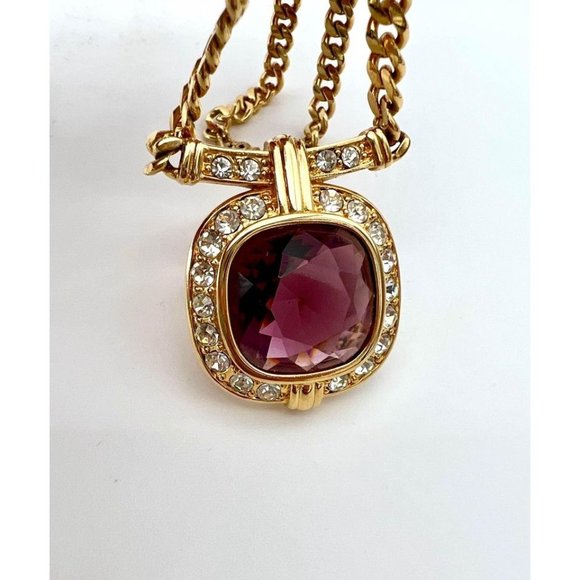 Monet Amethyst Glass Statement Gold Tone Necklace With Rhinestones 16” - Picture 2 of 6